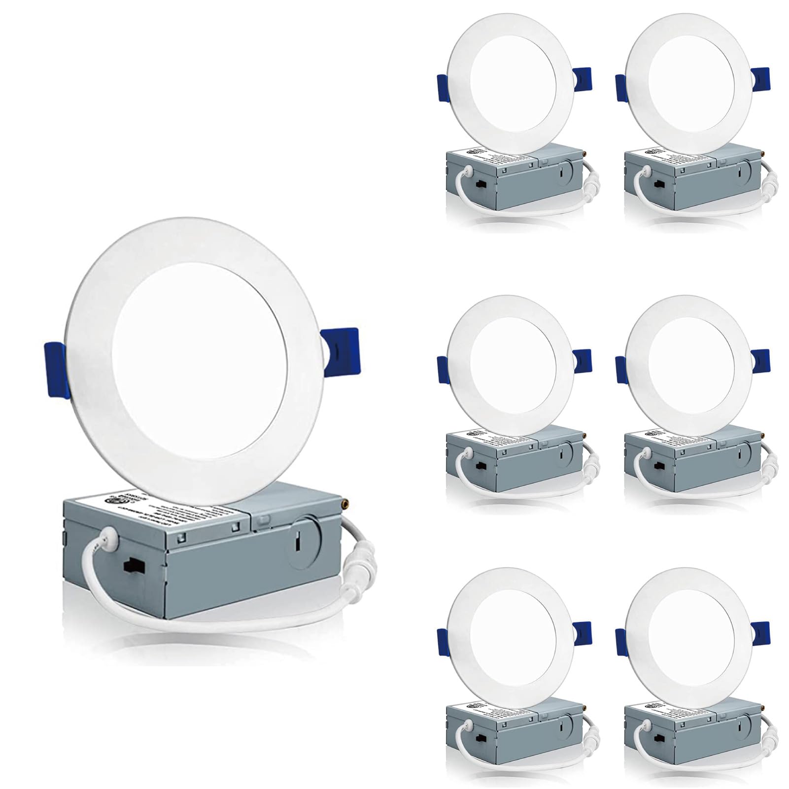 Meconard6 Pack 4 Inch LED Recessed Ceiling Light with Junction Box, 3000K/4000K/5000K Selectable, 9W=75W 750LM, Dimmable Canless Downlights, ETL and Energy Star Listed
