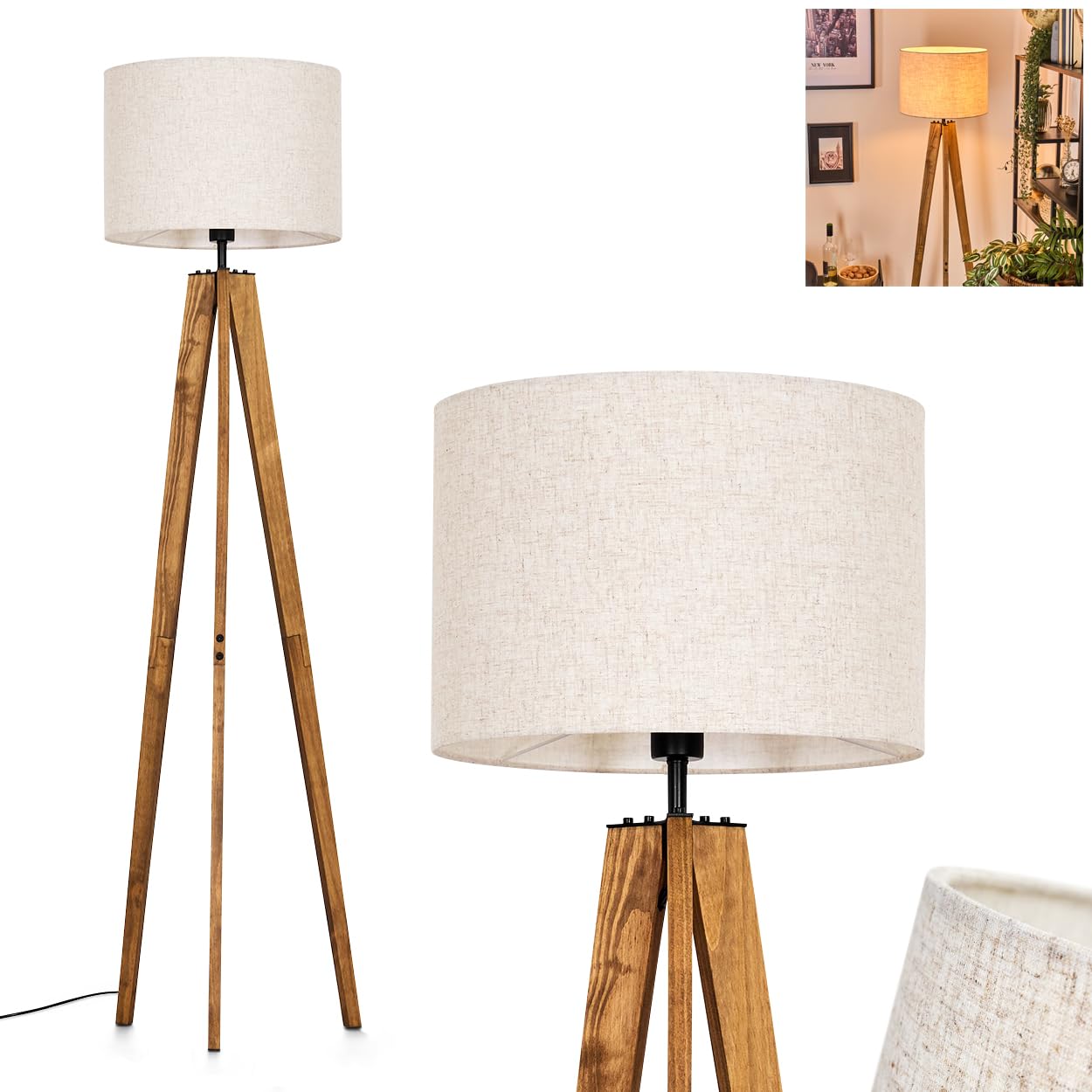 Lámpara de pie Bassagoda, de madera/metal/tela en color natural/negro/beige, lámpara de diseño escandinavo con pantalla de tela (Ø 40 cm) e interruptor de pie, altura 161 cm, 1 x E27, sin bombilla