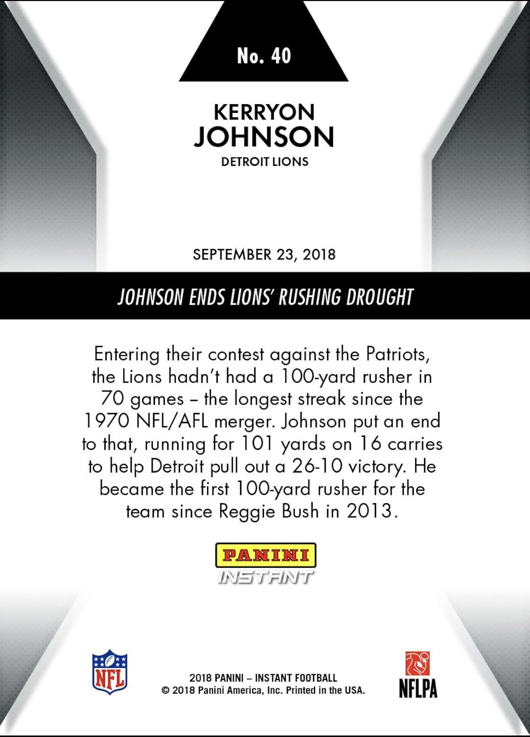 2018 Kerryon Johnson Ends Detroit Lions Rushing Drought Panini Instant Card #40 - Football Cards