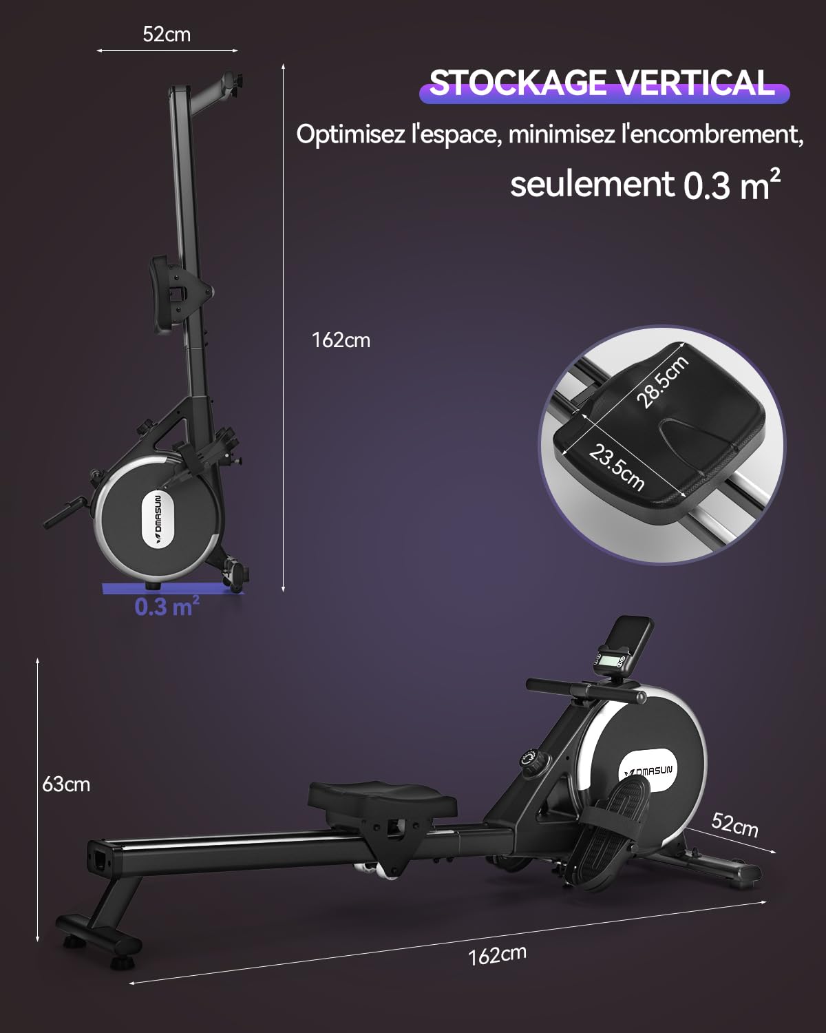 Rameur, DMASUN Rameur Magnétique D'appartement, Rowing Machine Connecter APP avec Écran LCD, 16 Niveaux de Résistance, Mise à Niveau vers Deux Rails, Silencieux, Capacité Maximale 160KG