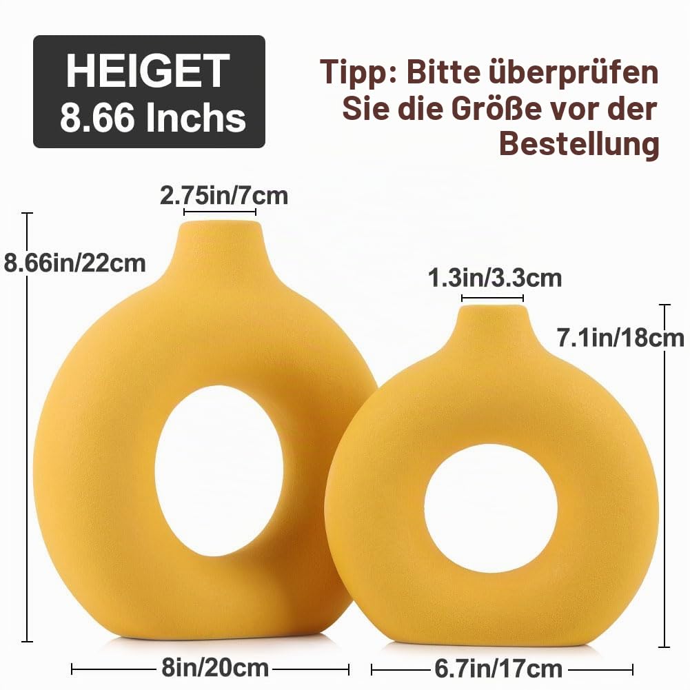 2-Teiliges Wasserdicht Gelb Donut Vase, Set Vase Gelb Matt Keramik Für Pampasgras, Ikebana & Tulpen, Vintage & Boho Stil, Ideal Für Wohnzimmer, Schlafzimmer, Büro-Aesthetic Deko
