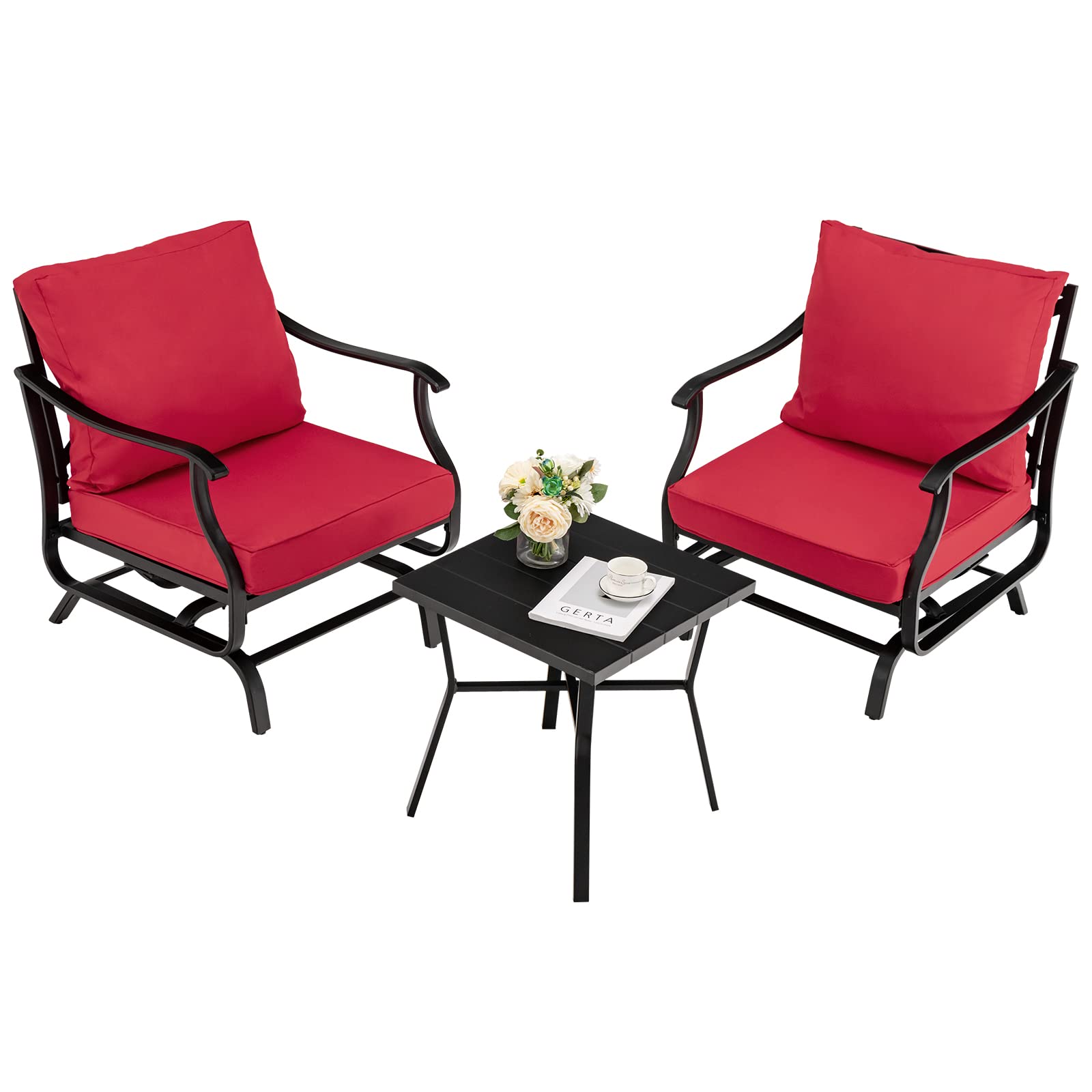 RELAX4LIFE 3PCS Rocking Bistro Set, Heavy-Duty Steel Garden Furniture Set with Coffee Table, Seat & Back Cushions, Outdoor Sectional Conversation Table Chairs Set for Patio Yard Porch Poolside