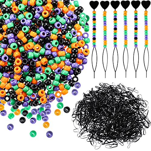1000 Pieces Halloween Plastic Pony Beads Hair Beads with 500 PCS Elastic Rubber Bands and 6 PCS Black Quick Beader for Halloween Kid Hair Braids
