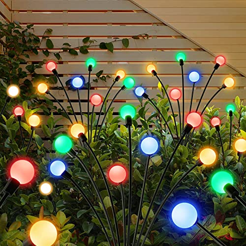 SVNOOC Outdoor Solar Garden Lights 8 LED 2 Pack Starburst Swaying Solar Firefly Lights Waterproof Decorative for Yard Pathway Patio Landscape, Sway by Wind Solar Lights (RGB Colorful)