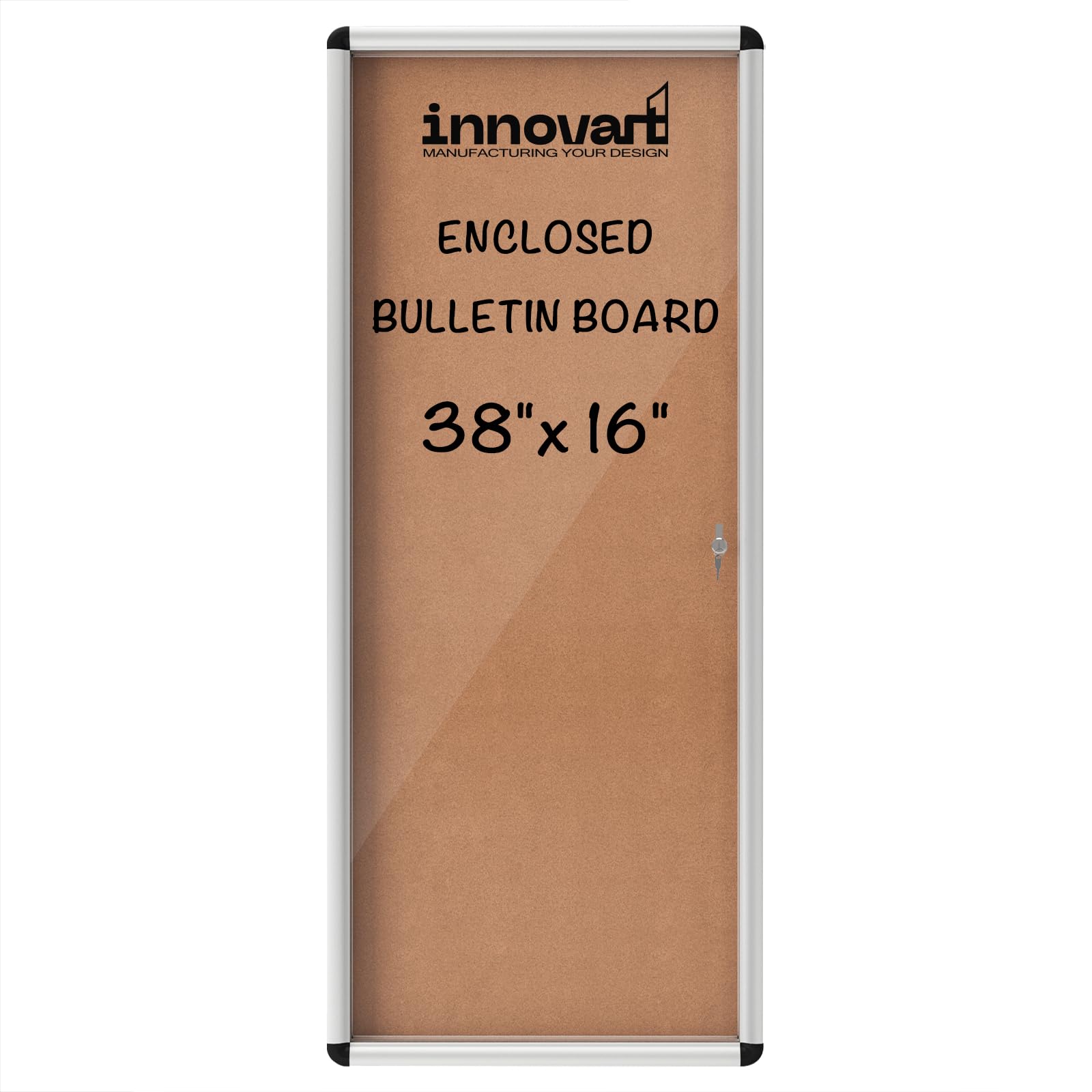 INNOVART Geschlossene Pinnwand, 96,5 x 40,6 cm, abschließbare Kork-Pinnwand mit Aluminiumrahmen, Wandvitrine mit Schwingtür, Informationsschrank für Schule, Büro, Gewerbe usw.