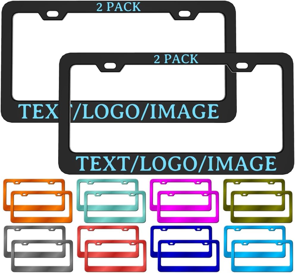 2 Pack Custom License Plate Frames for Front Back Personalized License Plate Frames with Your Text Logo Image 2 Hole Design License Plate Cover Aluminum Car Tag Holder Gift for Women Men