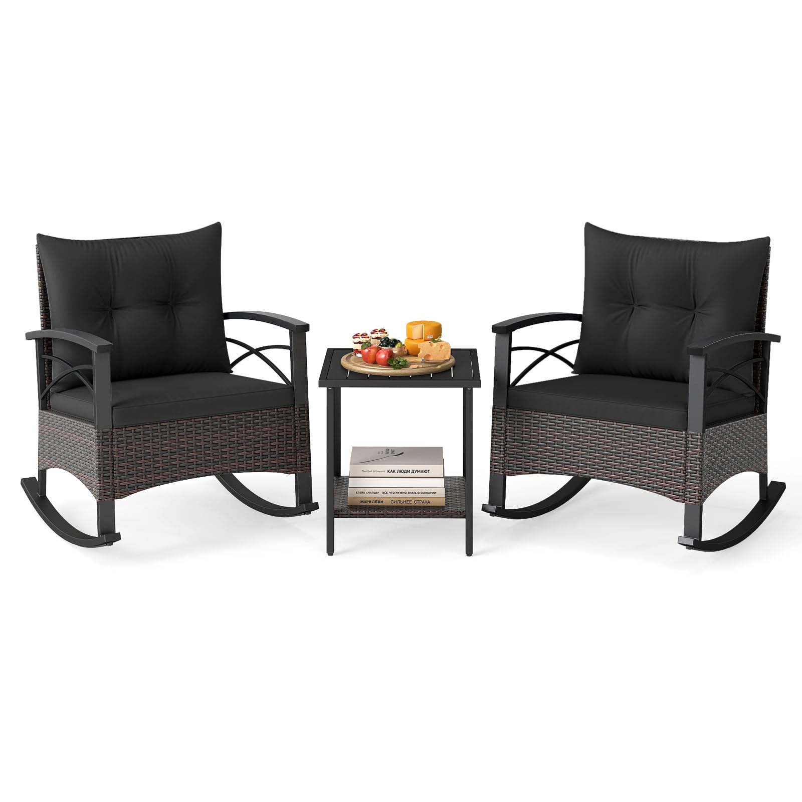 Tangkula 3 Pieces Wicker Outdoor Rocking Chairs Set