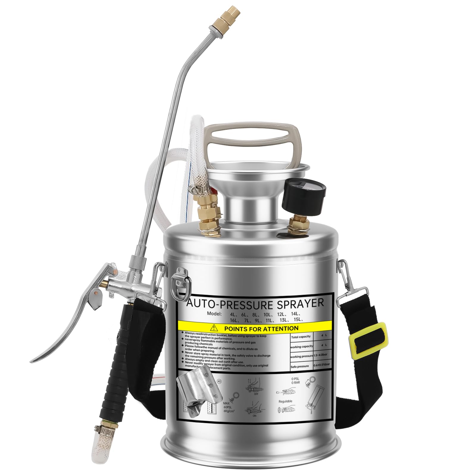 Pulvérisateur à pression 4L en acier inoxydable – Pulvérisateur manuel avec manomètre, buse en laiton réglable, pour jardin, pelouse, désinfection et nettoyage