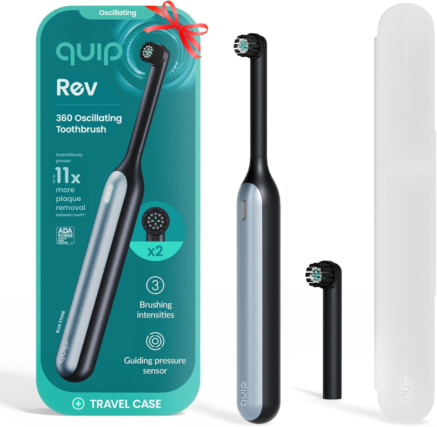 Quip Rev 360 Oscillating Rechargeable Electric Toothbrush with Replaceable Brush Head - Soft Bristles, Pressure Sensor, 3 Intensities, 30-Day Battery Life, Travel Case - Blue Stone - Image 1 of 9