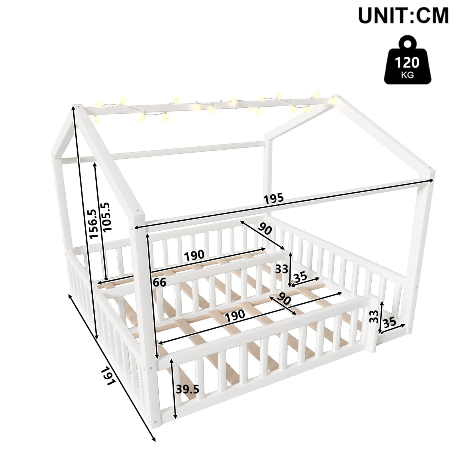 Lit Cabane 90x190cm*2/180x190cm en Pin,Lit au Sol Montessori 2 Places avec Éclairage LED,Barrières Hautes,Sommier à Lattes Robuste,pour Garçons Filles(Blanc 2, 90x190)