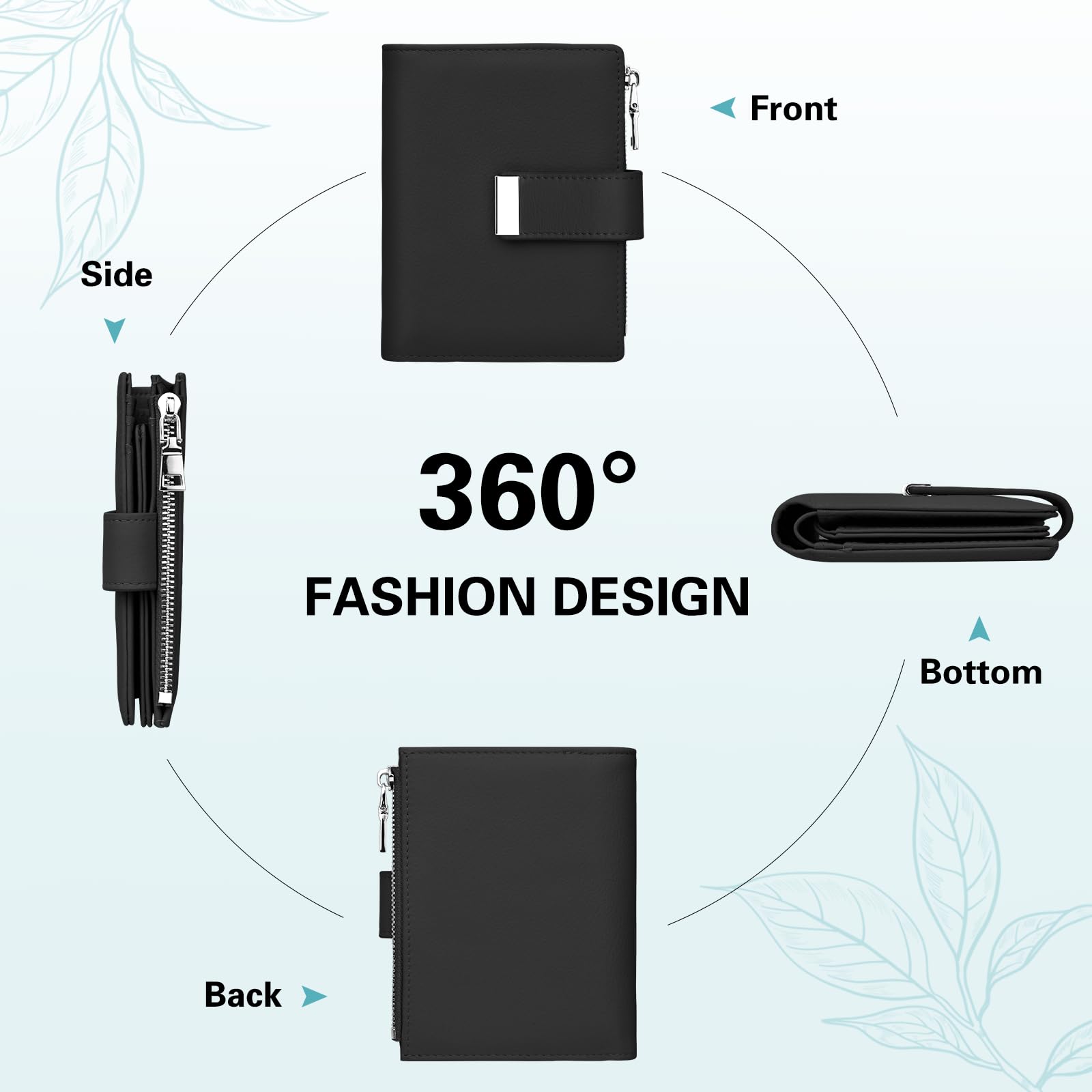 Portafoglio Donna Piccolo in Pelle Blocco RFID Portafoglio Portamonete con Cerniera e Doppio Scomparto per Contanti, 12 Scomparti per Carte (Nero)