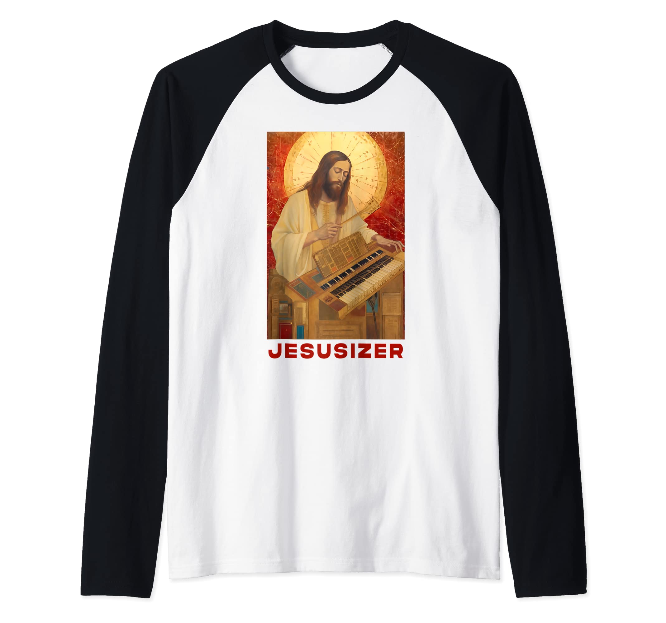 Jesusizer Vintage Synthesizer Synth OutfitsVintage Jesus Synth Enthusiast - Sacred Analog Sound Raglan Baseball Tee
