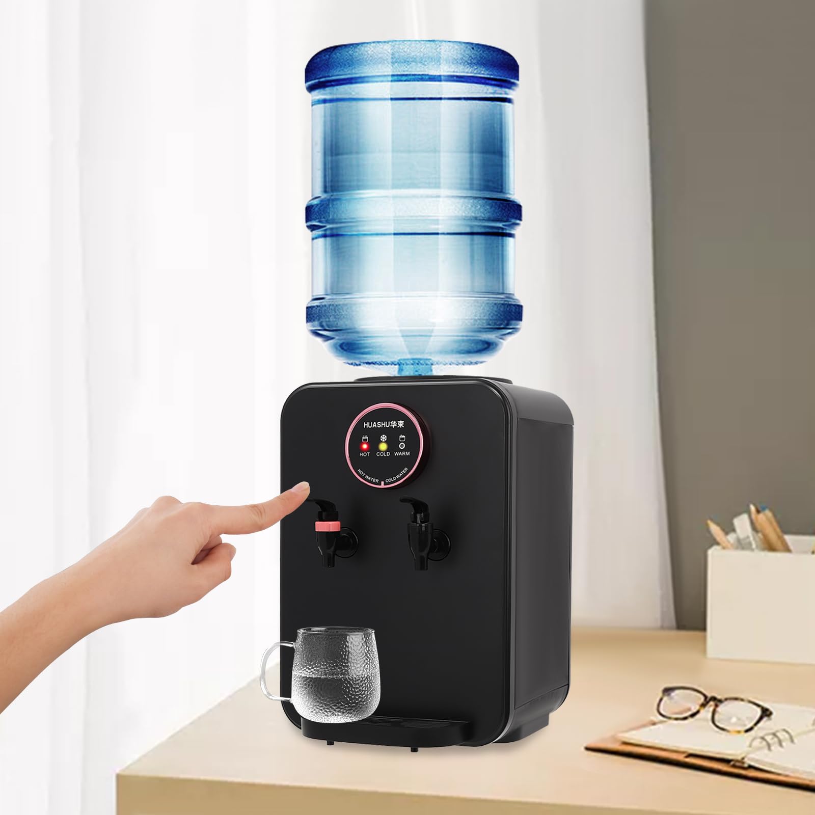 Water Dispenser for Home and Office, Top Loading Water Cooler for 1.2 to 5 Gallon Bottles, Portable Mini Water Cooler Dispenser with 3 Temperature Settings, Black, Oval-Shaped