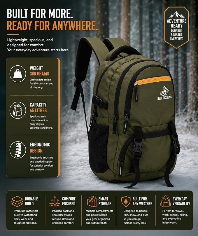 Image of Large 40L Laptop Backpack For Men & Women With Bottle Pocket | Padded Shoulder Straps, Multi Compartments | Travel & College Bag | Water-Repellent,