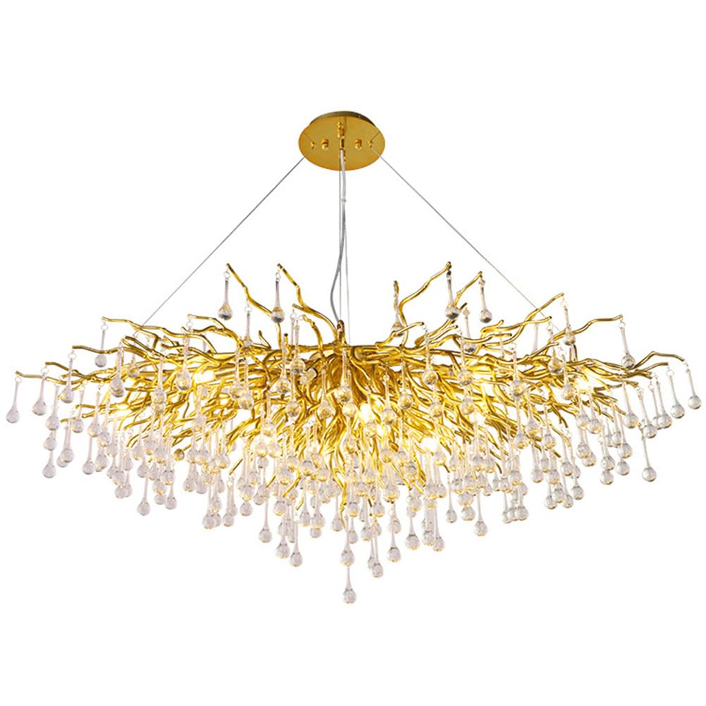 PLQWUJD Modern Chandelier Gold Crystal Chandelier Tree Branch Chandelier L100cm Rectangle Dining Room Light Fixtures Over Table Raindrop Teardrop High Ceiling Pendant Lights for Living Kitchen