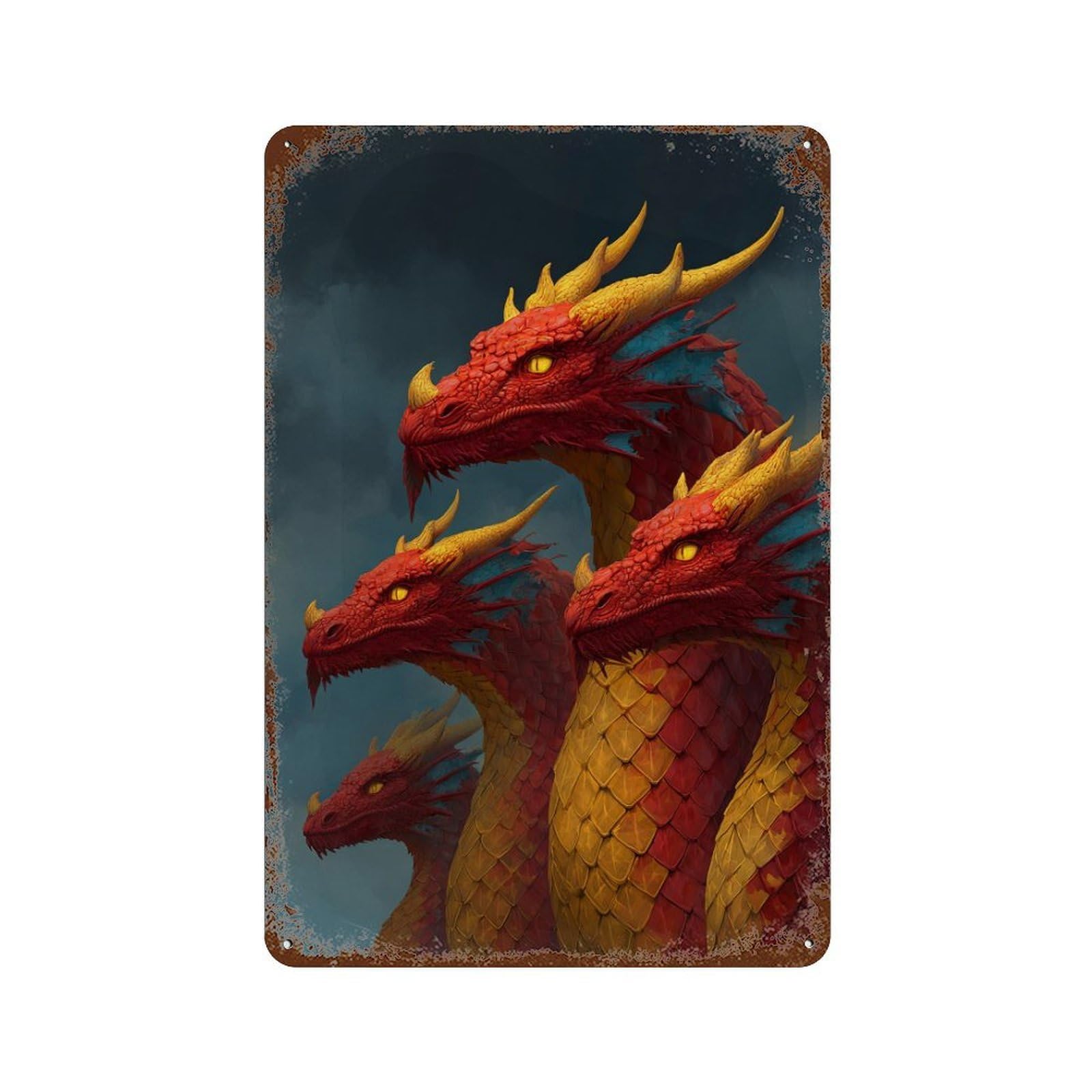 Four-headed Fire Dragon Fantasy Artwork Vintage Rust Metal Sign 11.8"x7.9", Farmhouse Wall Decor for Garage, Pub Or Kitchen