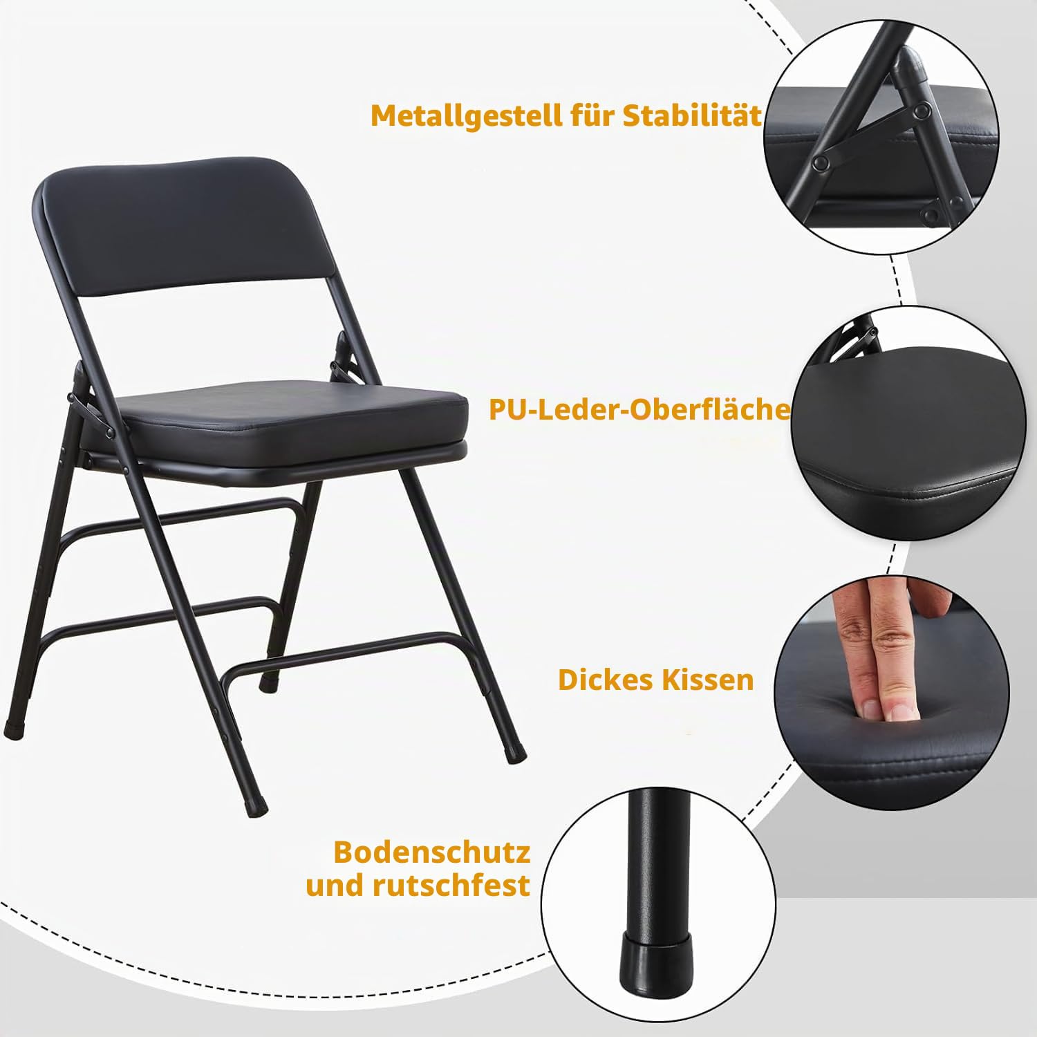 BOOSDEN Gepolsterter Klappstuhl mit dickem Kissen, robuster Metall-Klappstuhl für Outdoor & Indoor & Essen & Party, Schwarz, 1 Pack