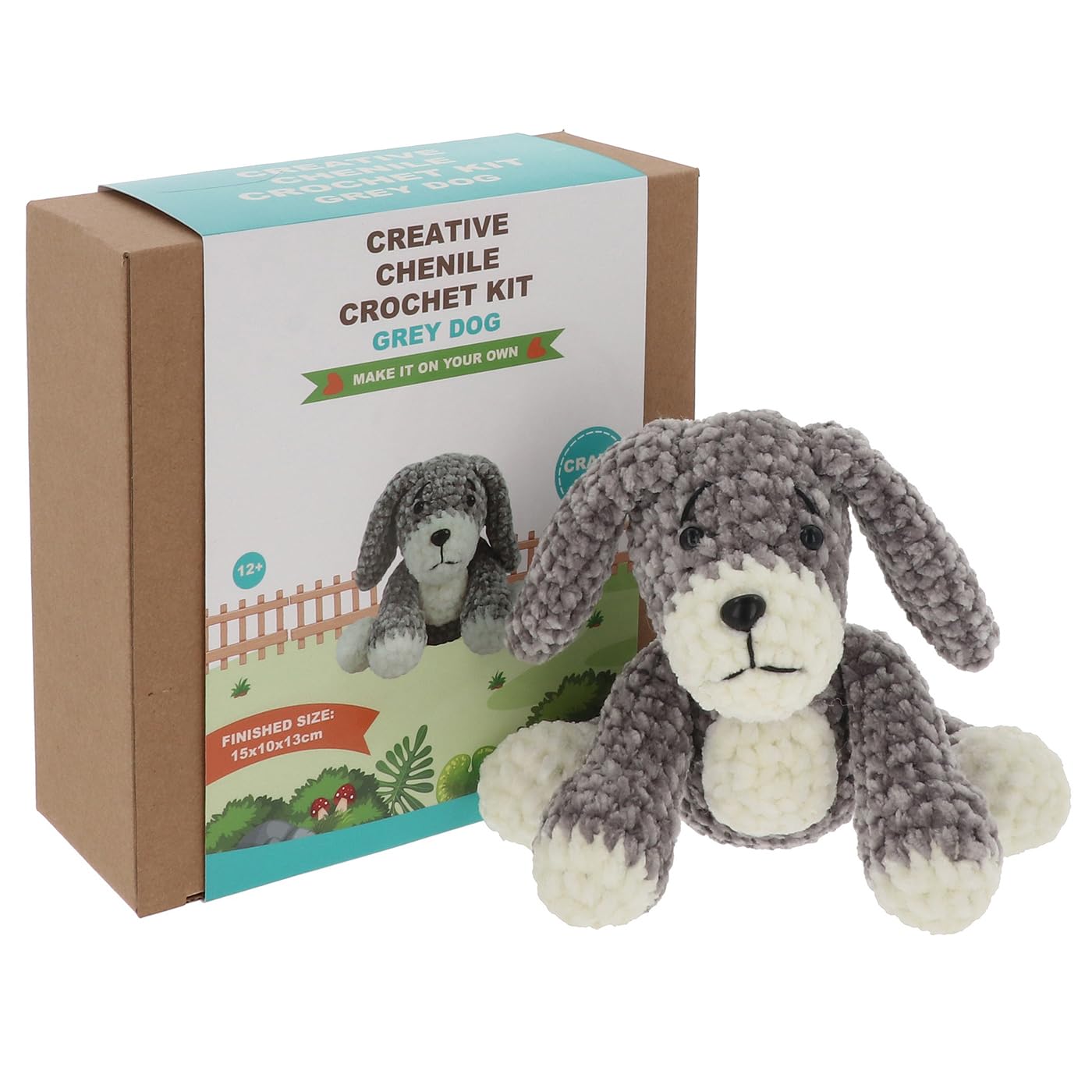Shudehill Giftware Chenille Creative Crochet Kits Bear, Bunny, Horse, Duck, Dog, Fairy & More - Perfect for Learning or Experienced Crocheters (Grey Dog)