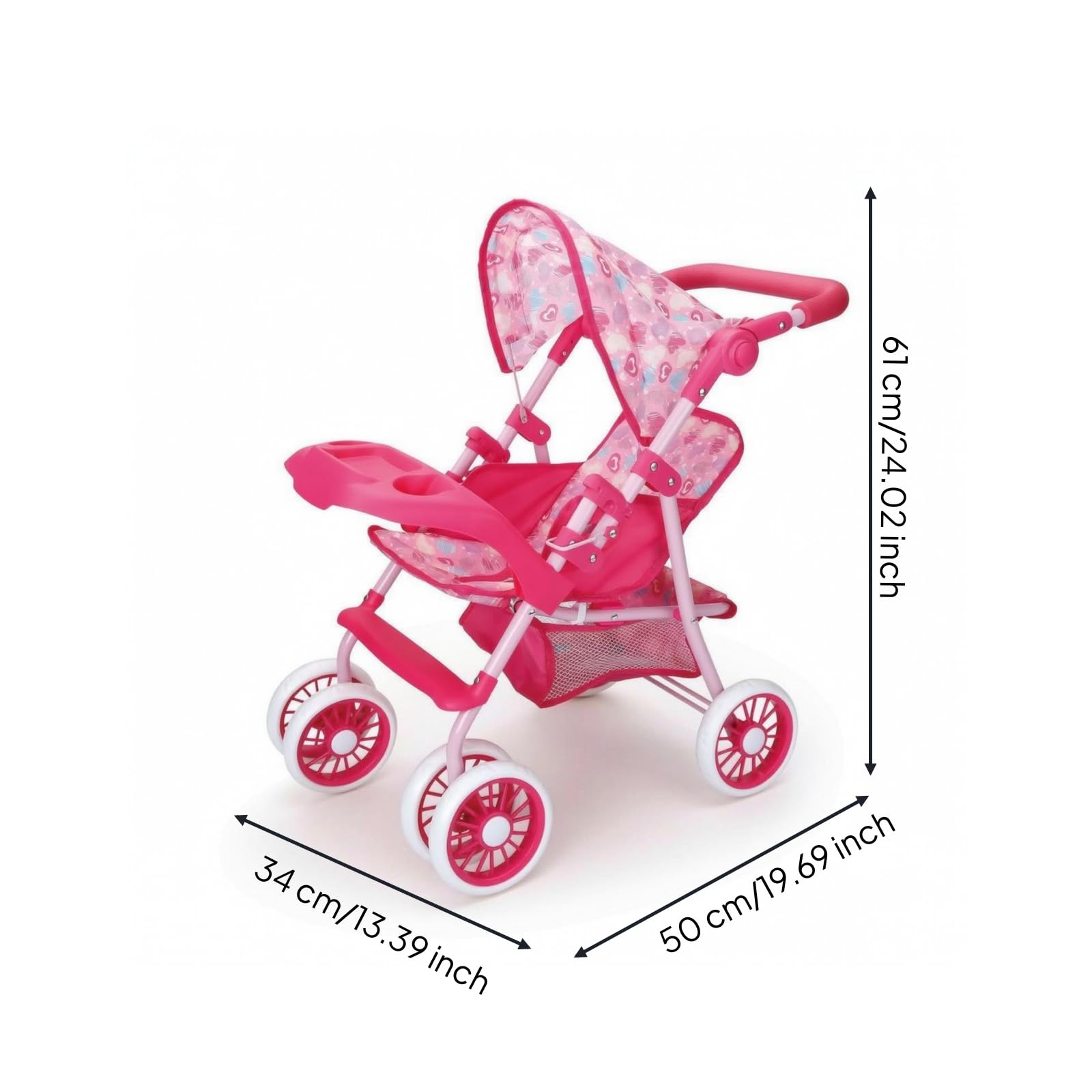 Carrito de Muñecas Pram Carro Juguete, Cochecito De Hierro Engrosado con Bandeja De Comida Y Ruedas Universales, Asiento De Altura Ajustable, Estampado De Corazones