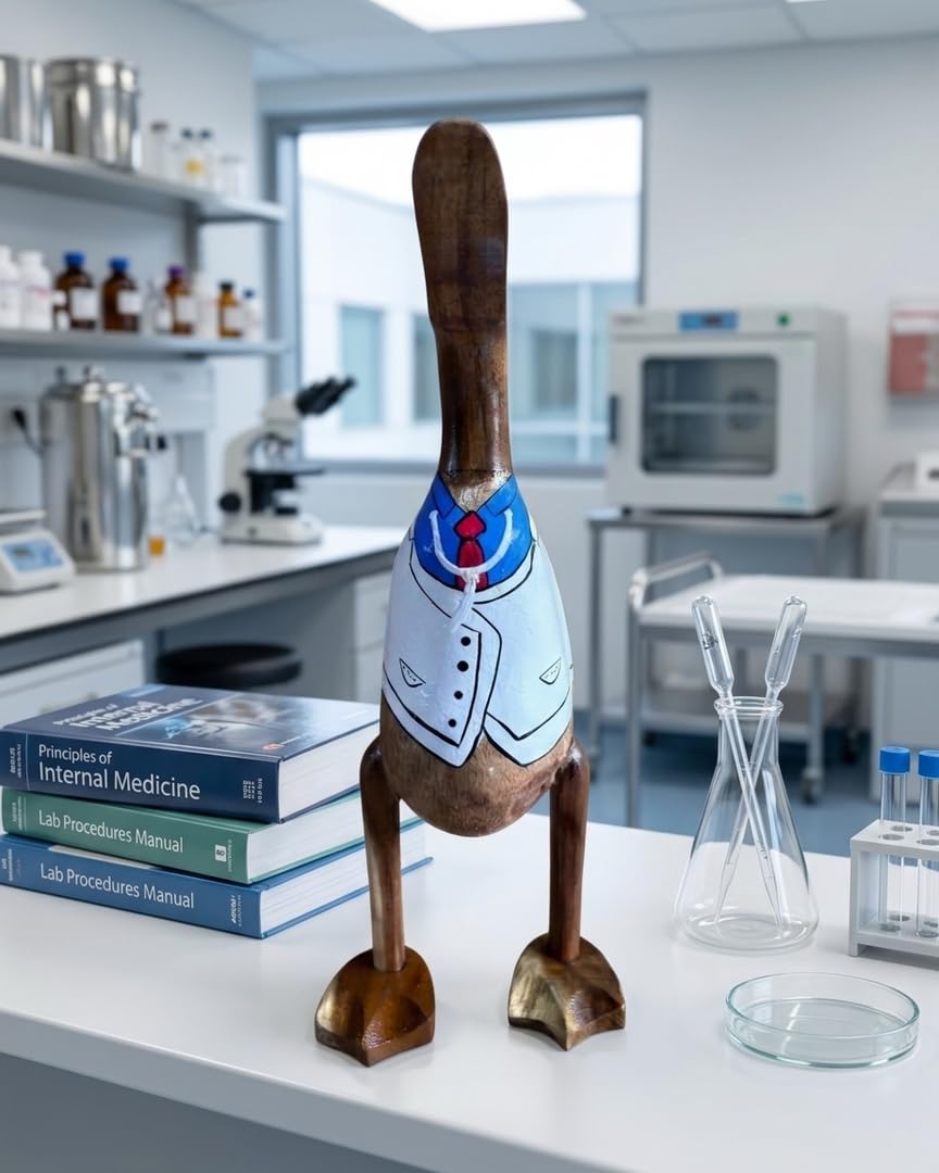 Kinaree Dekoracyjna kaczka drewno jako lekarz, średnia ok. 35 cm - ręcznie rzeźbiona drewniana figurka Doktor z fartuchem i stetoskopem, prezent dla Aerzte