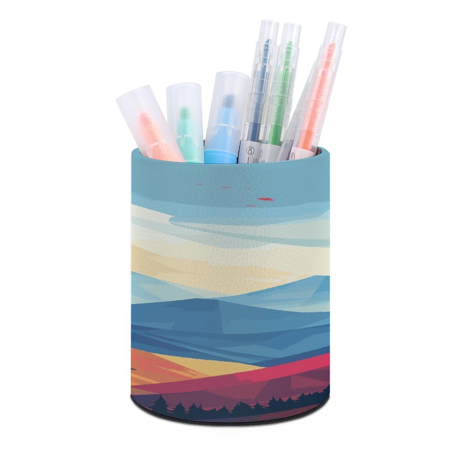 FekiLoot Round Windmill Flat Illustration Pen Holder for Desk PU Leather Waterproof Pencil Cup Stand Minimalist Makeup Brush Storage Organizer Desktop Stationery Container Accessorires