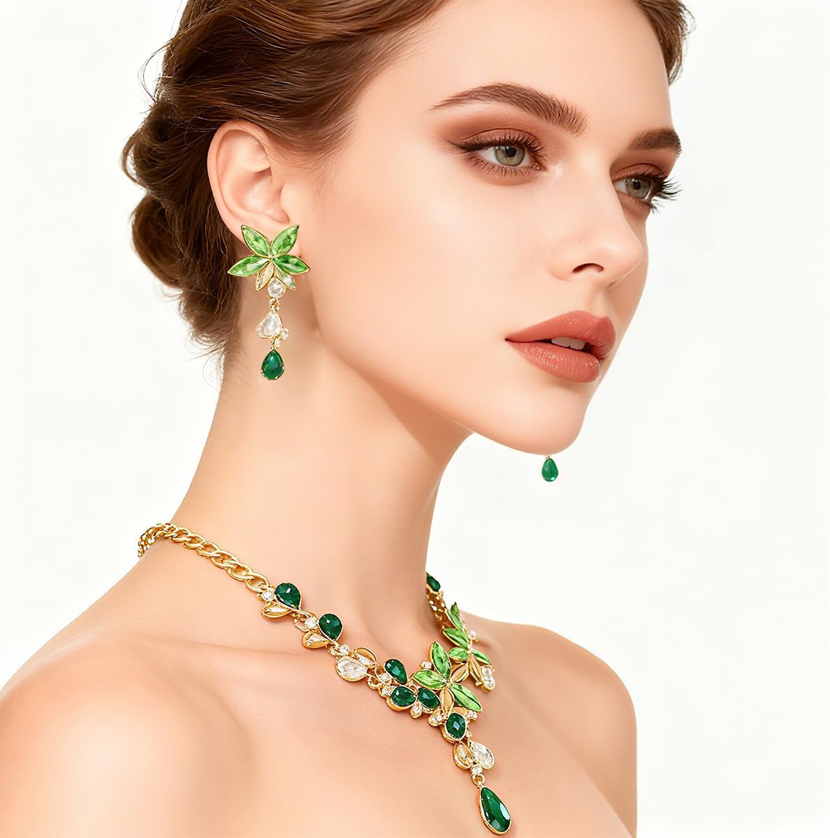 Bridal Wedding Jewelry Set Red Green Blue Rhinestone Necklace Earrings Teardrop Cluster Pendant Necklace Crystal Jewelry Accessories for Women - Image 3