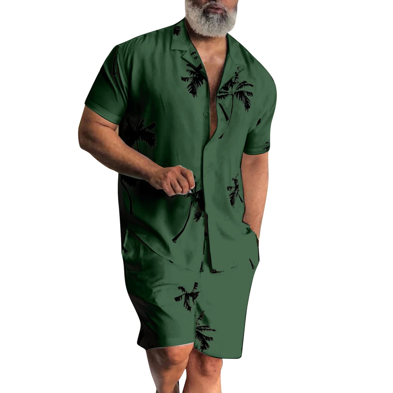 MONISE Matching Pajamas Set for Men Hawaii Print Short Sleeve Button Down Shirt and Lounge Shorts Homewear Sleepwear