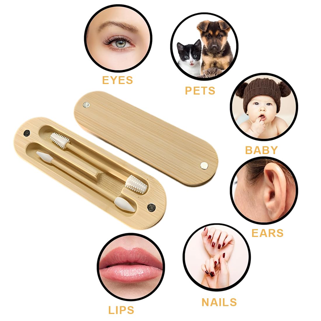 Set di 2 Cotton Fioc Riutilizzabili in Bambù e Silicone con Punta a Spirale per Trucco e Pulizia Orecchie con Custodia Magnetica da Viaggio