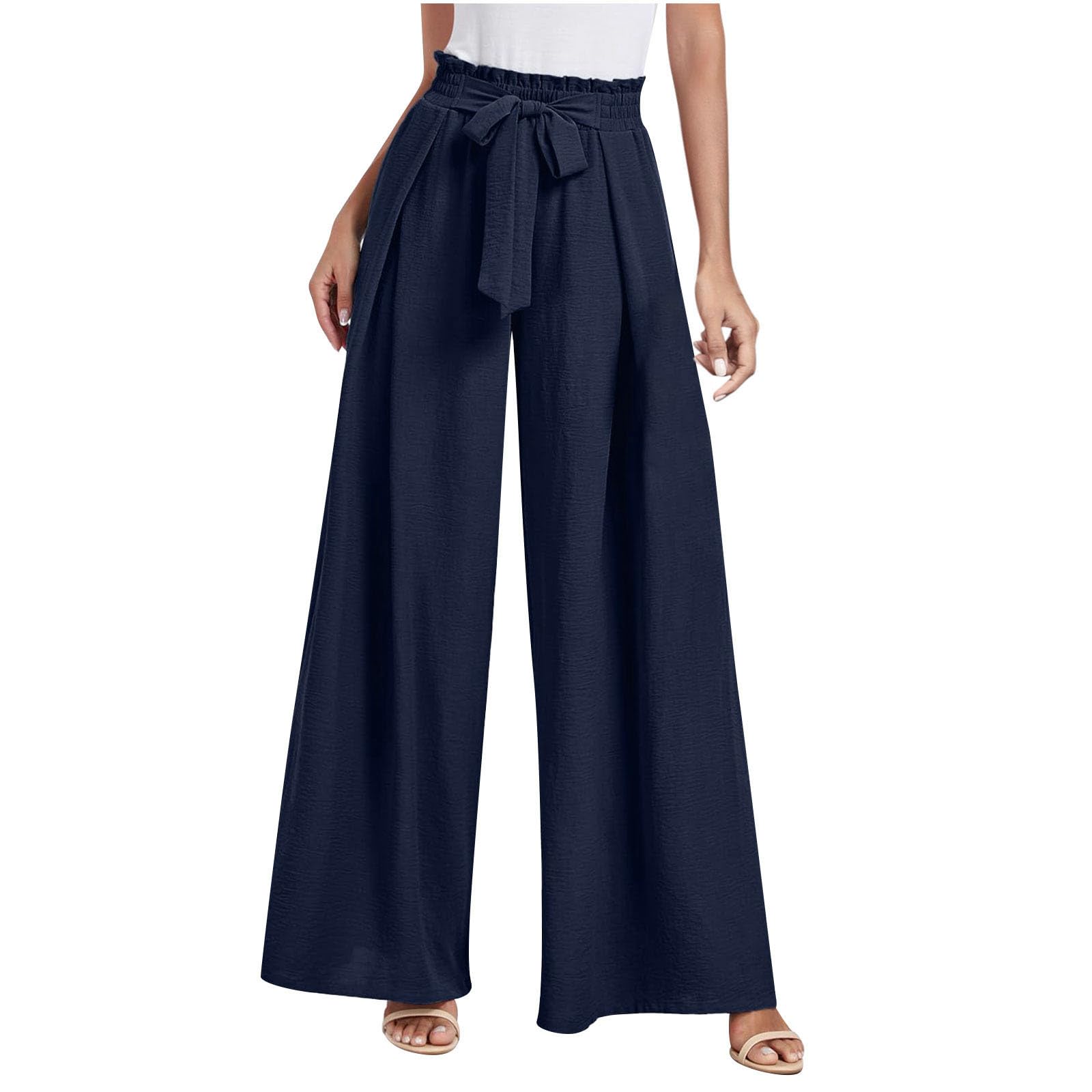 Generic Wide Leg Pants for Women Dressy High Waisted Tie Bow Lounge Palazzo Pant Loose Business Casual Aesthetic
