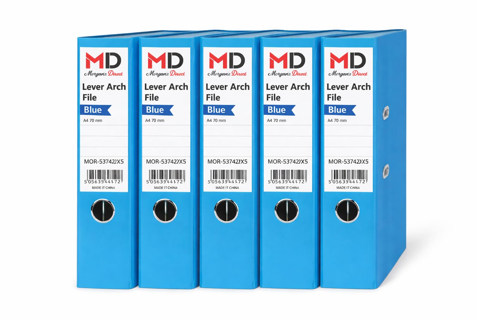 Morgan's Direct A4 Lever Arch Files 70mm Spine โ Pack of 5 | Heavy Duty Lever Arch Binders with Finger Hole & Spine Label | Office, School & Home Filing | (Blue)