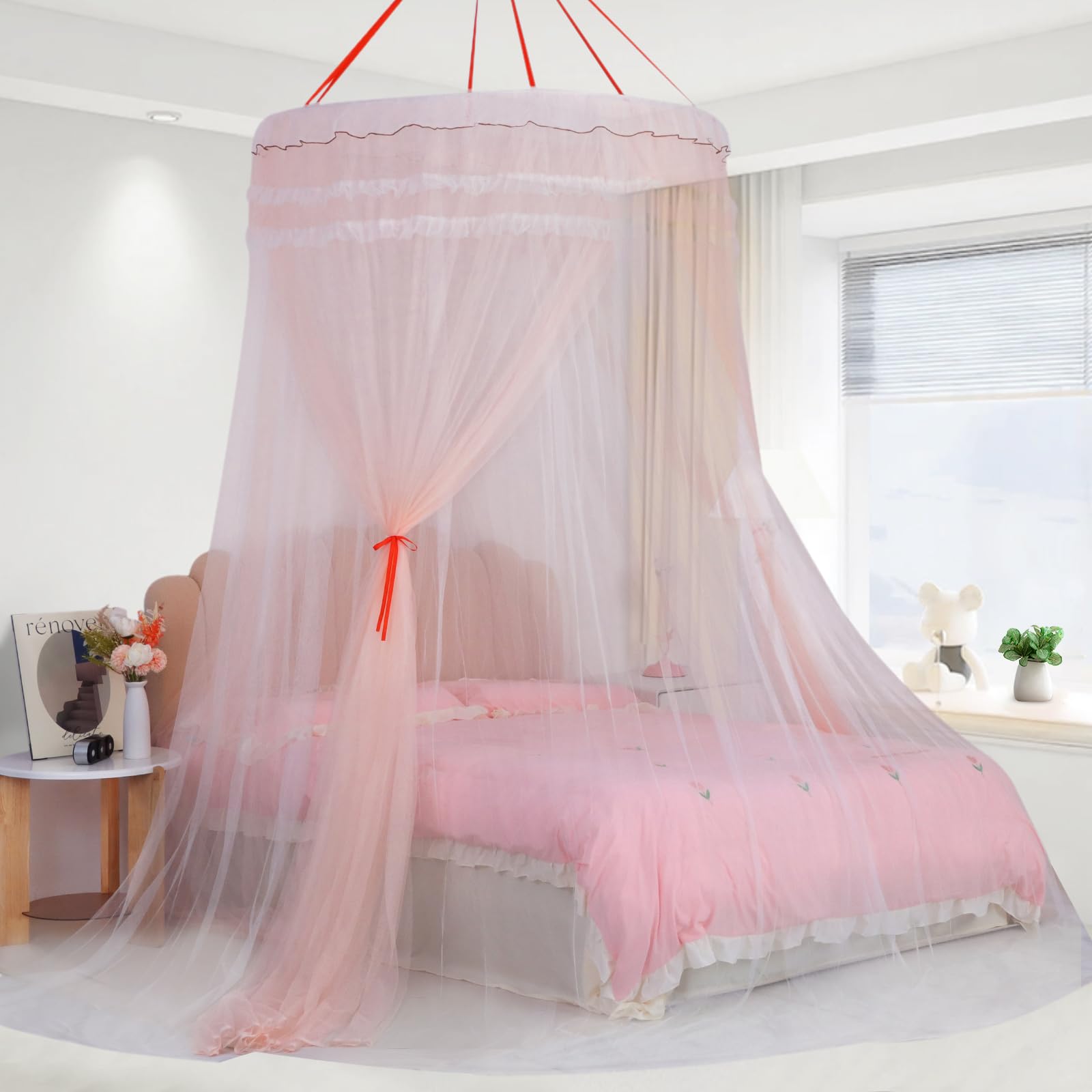 Lanpet Dreamy Princess Bed Canopy for Girls, Double Layer Sheer Mesh Canopy Curtain, Canopies Netting Room Decor Tent Mosquito Net for Kids & Adults Queen King Bed,Pink