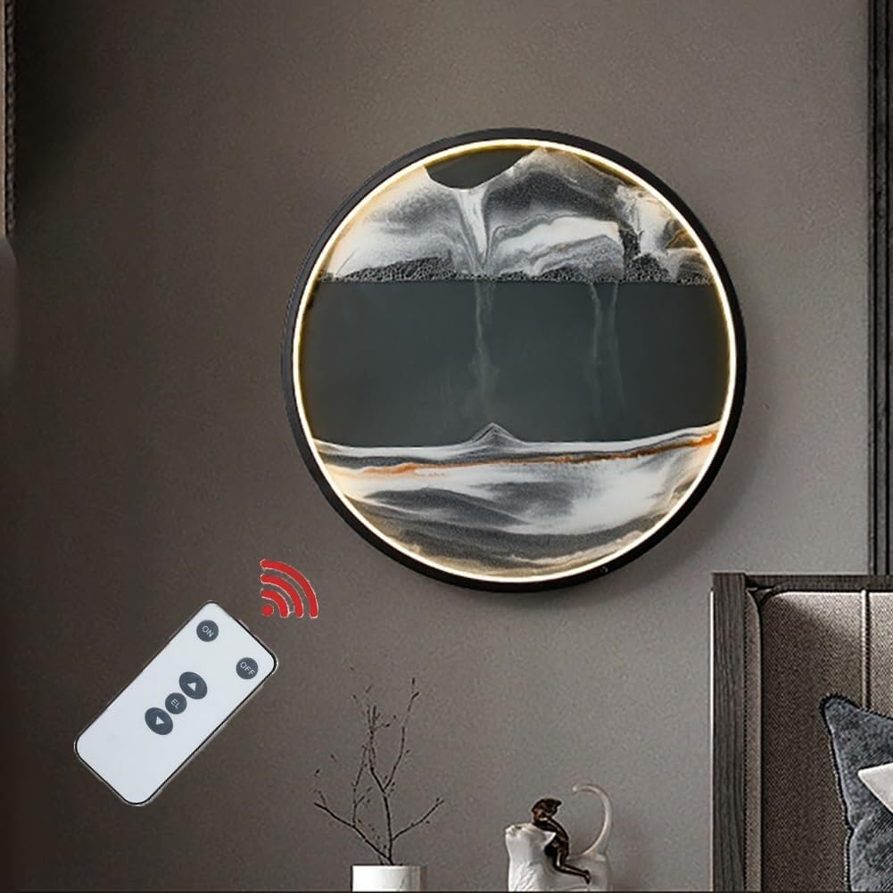 Moving Sand Art Picture with LED Wall Sconce - 3D Dynamic Sand Art Round Glass for Home and Office Decor