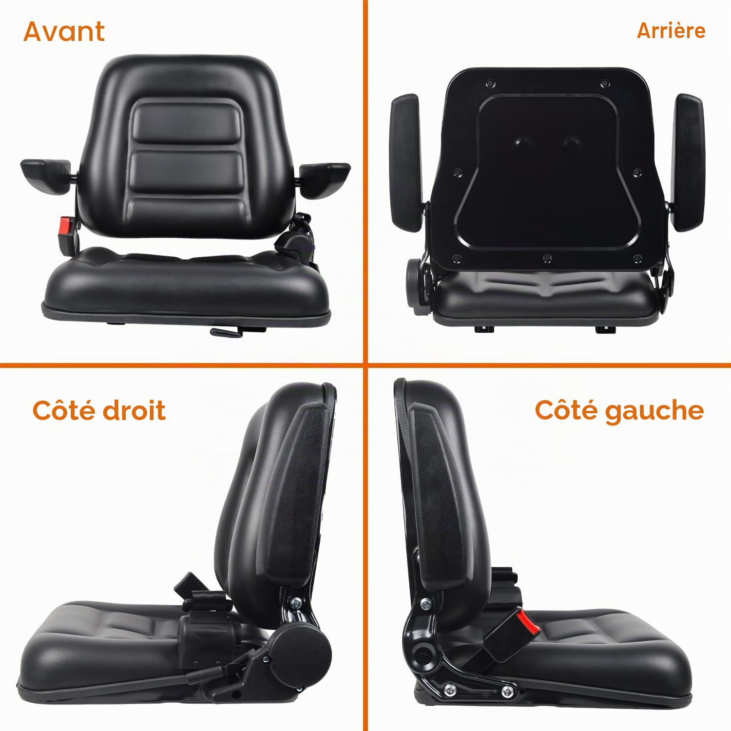 Siège de chariot élévateur universel, siège de tracteur rabattable avec accoudoir, ceinture de sécurité, dossier réglable et glissière en PVC imperméable pour de jardin pelle chargeuse pelleteuse