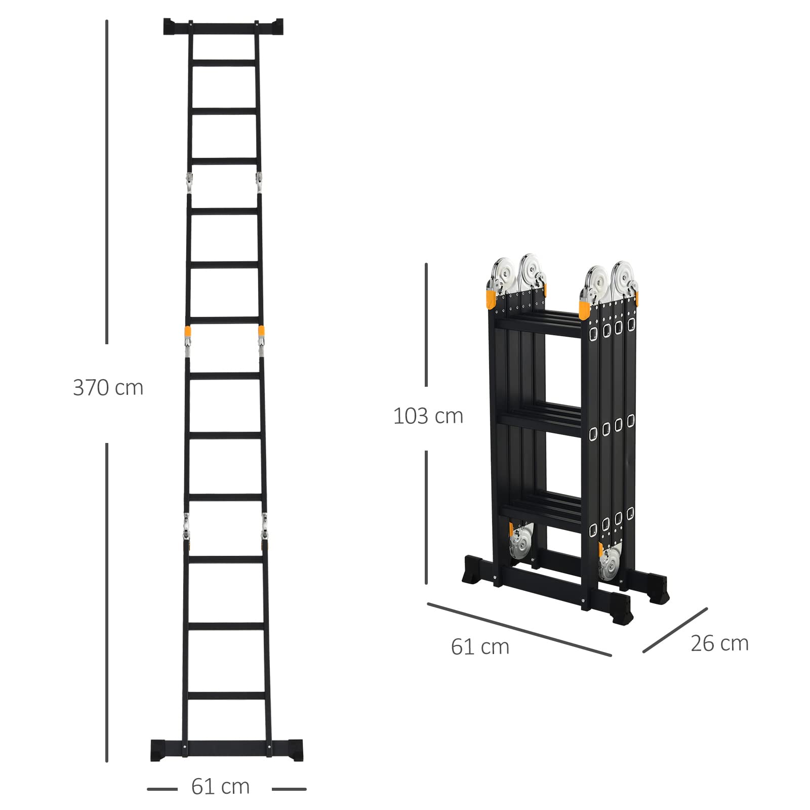 DURHAND Scala in Alluminio 5 in 1 Nera con 2 Pannelli di Sostegno, Scala Pieghevole per Interni ed Esterni, Carico Massimo 150kg, 370x61x11 cm