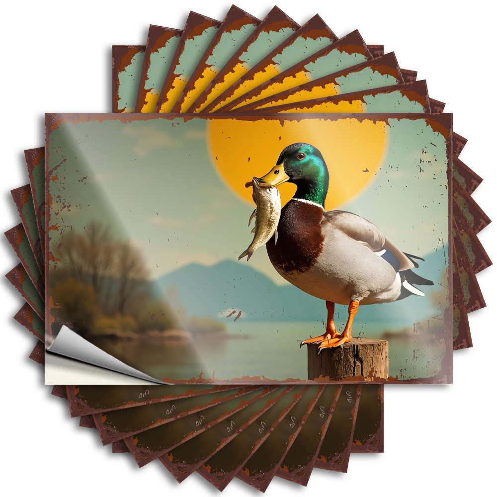 Winter, Tattoo Tumbler Duck with Fish Against Sunset Backdrop. | Taupe Gifts for Home Decor(6X9CM)