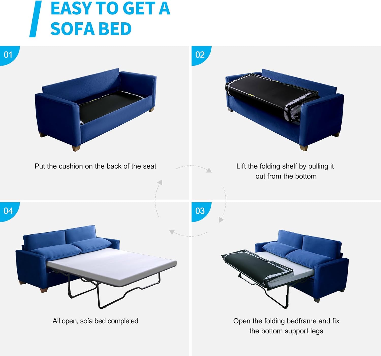 Mjkone Queen Size Pull Out Sleeper Sofa Bed 77" W with Memory Foam Pillows and Mattress, Convertible 2-in-1 Loveseat Sofa Sleeper Couch with Pull Out Bed for Home, Living Room, Small Spaces, Blue