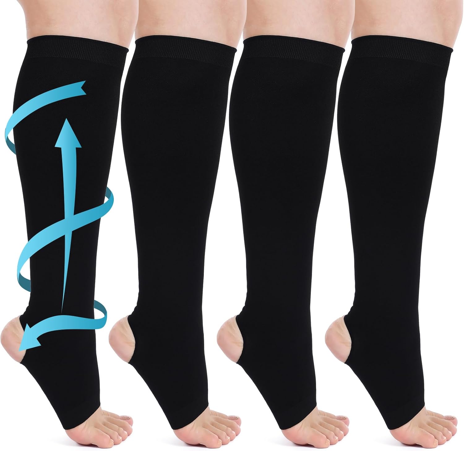 4 Pcs Open Toe and Open Heel Compression Stockings 20-30 mmHg Toeless Compression Anti Embolism Stockings Lower Leg Garment for Men Women Knee High Varicose Veins Edema Travelling