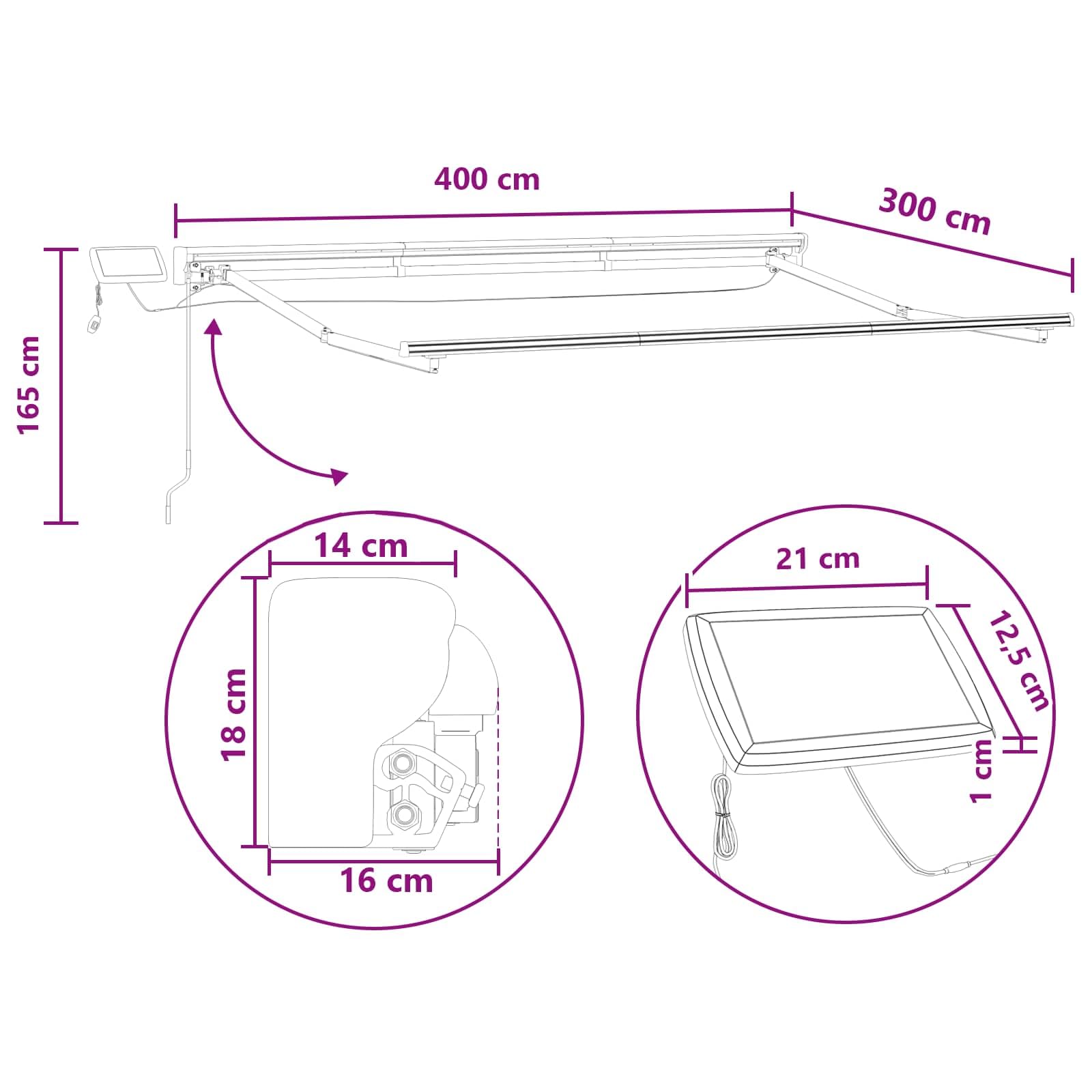 Ręczna rama markizy z diodami LED, jasnoszara, biała, 4 x 3 m, malowana proszkowo rama aluminiowa, odporna na warunki atmosferyczne, ochrona przed słońcem na taras, do ogrodu