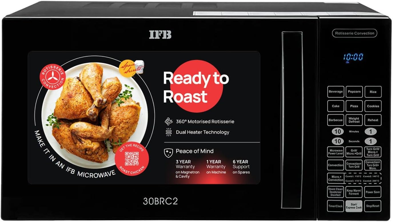 IFB 30L Convection Microwave Oven with 101 Standard Cook Menus (30BRC2, Black, 360 Degree Motorized Rotisserie, Weight Defrost, Steam Clean, Grill & 4 combi cook modes, 10 Power Levels)