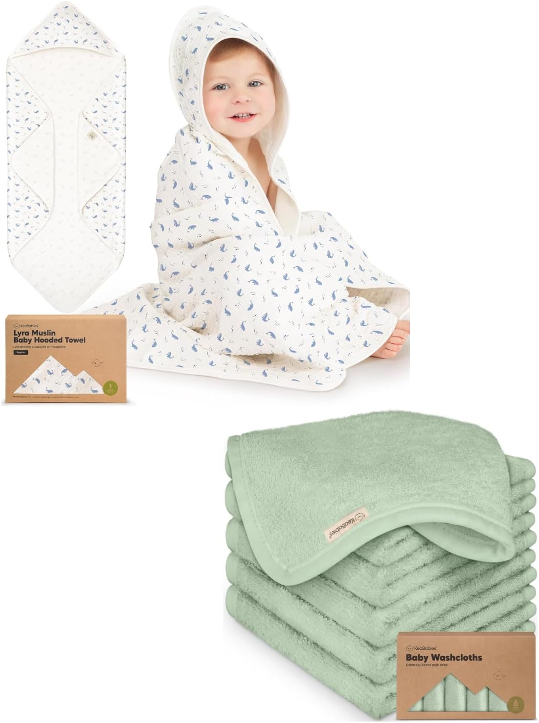 KeaBabies Muslin Baby Towel with Hood for Girls, Boys and Baby Washcloths for Newborn, Kids - 100% Cotton Hooded Baby Towels for Newborns, Toddlers - Bath Baby Towels, Face Towel, Face Cloths