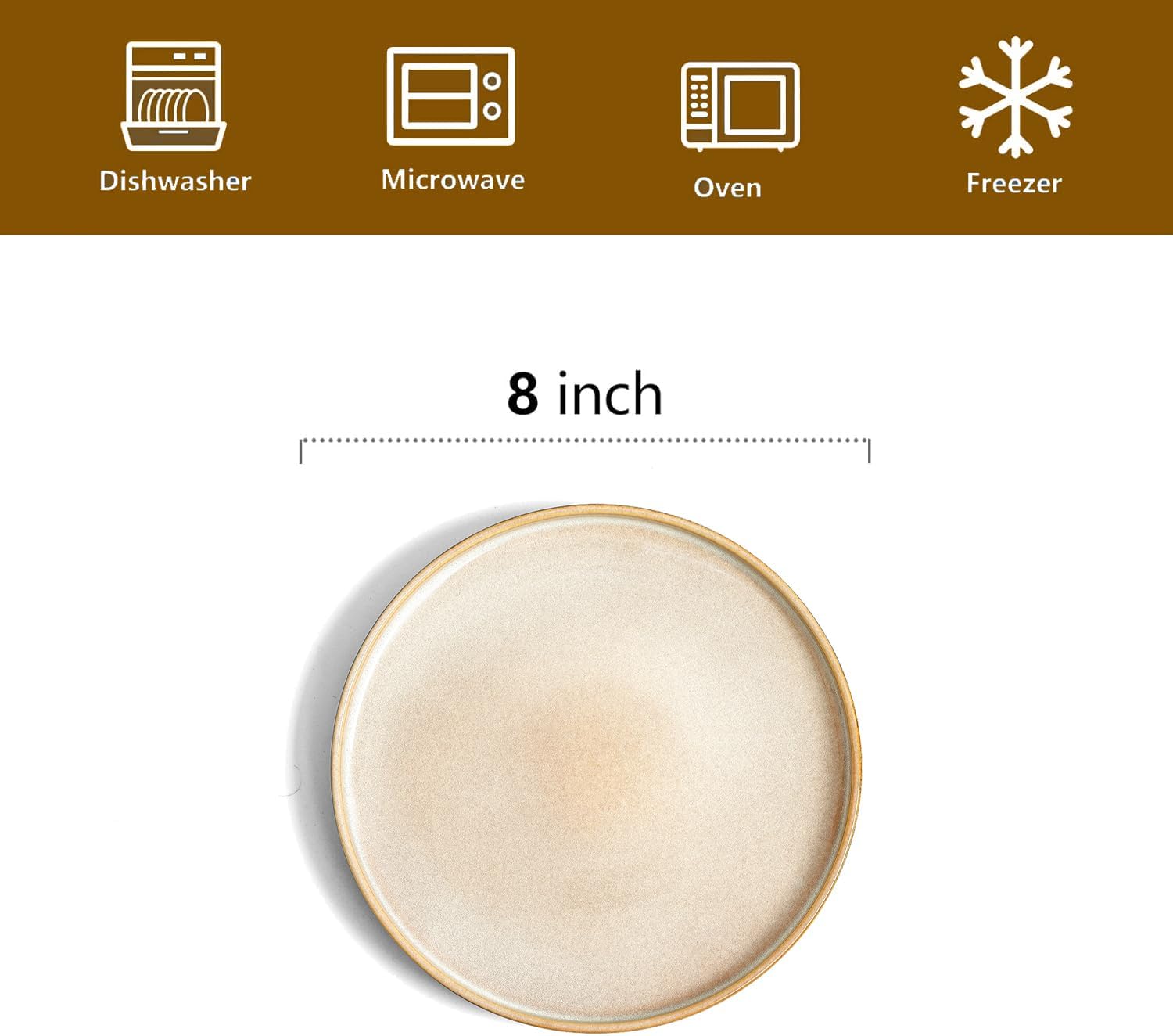 vicrays Ceramic Salad Plates Set - Porcelain 8 Inch Flat Dessert Appetizer Plate for Lunch Home Party Restaurant - Scratch Resistant Microwave Oven and Dishwasher Safe - Set of 6 (Beige)