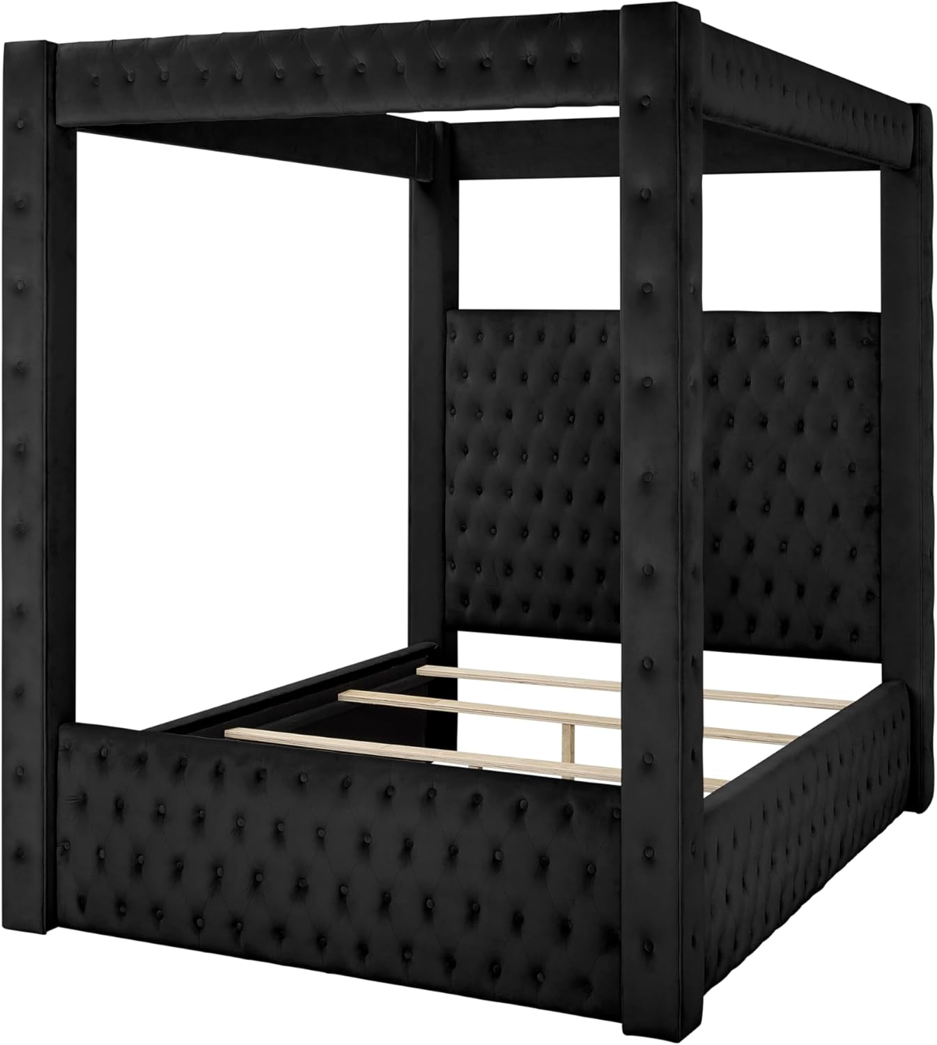 Velvet Canopy Bed Frame King - Upholstered Four Poster Bed Frame with Tufted Headboard and Footboard, Luxury Bed Frame with Wood Slats for Bedroom Furniture, Box Spring Required, Black
