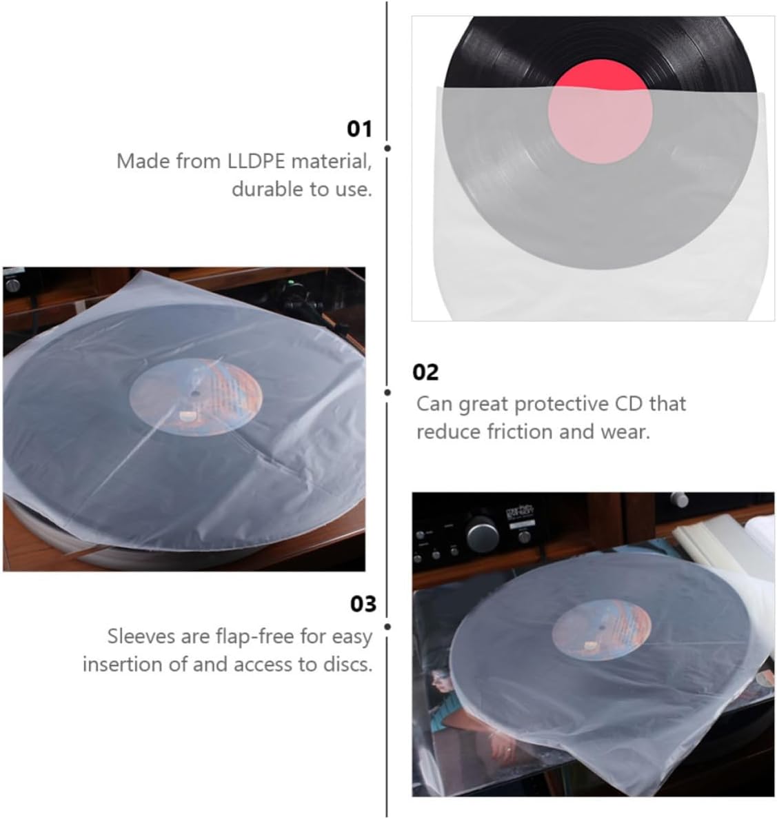 100pcs Lldpe Record Sleeves with Flap-Free Design for Vinyl Record Protection, Thickened 8 Mil Covers to Reduce Friction and Wear, Suitable for 25cm Vinyl Albums