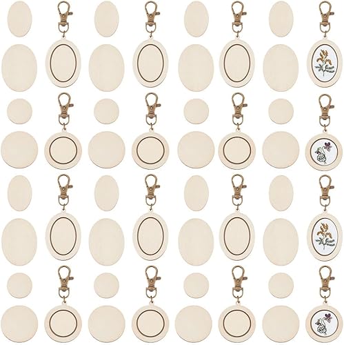 OLYCRAFT 24 piezas de mini llavero de aro de bordado pequeño de madera con cierre de pinza de langosta ovalado/redondo kit de colgante de madera
