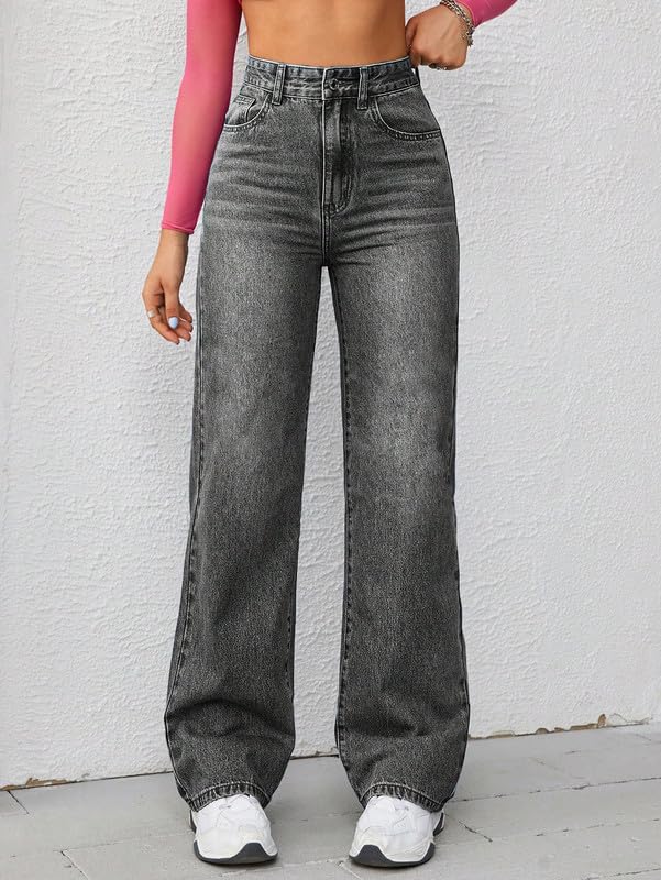 Image of DEELMO Women's Wide Leg Denim Jeans High Rise Loose Fit | Stretchy Casual Straight Pants Trendy | Comfortable Everyday Fashion Jeans for Women