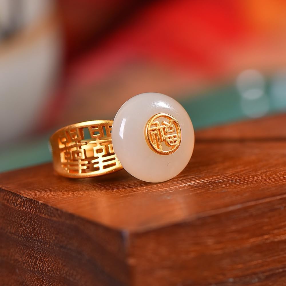 S925 Silver Inlaid Natural White Jade Ping An Buckle Blessing Character Ring Adjustable Opening Including Certificate