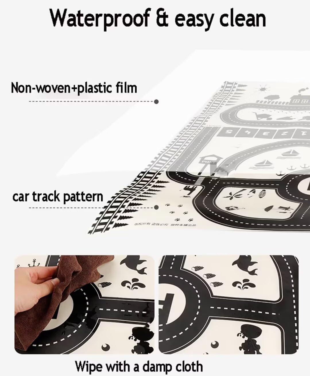 Tappetino da gioco sottile con pellicola di plastica,tappeto da gioco impermeabile con motivo a pista stradale,tappetino per parcheggio bianco nero,tappeto per cameretta della sala giochi,comodino