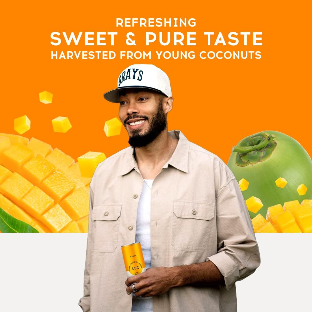 100 Coconuts Mango Flavored Pure Coconut Water, Non GMO, No Preservatives, 11 Fluid Ounces (Pack Of 12)