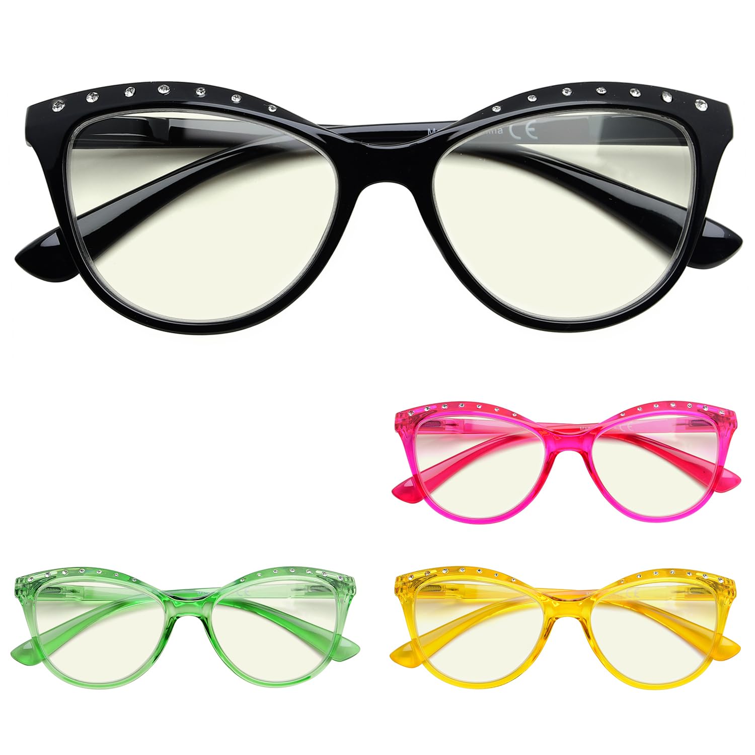 Eyekepper 4-pack Reading Glasses Blue Light Blocking for Women Cat-eye Style Rhinestone Readers +2.00