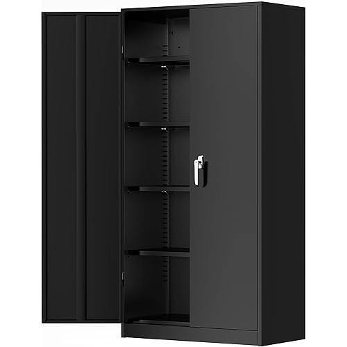 Greenvelly Metal Storage Cabinets 72” Black Garage Steel Storage Cabinet with Doors and Shelves, Metal Tool Cabinet, Steel File Cabinet for Home Office, Basement, Warehouse, Classroom（Anti Tipping）